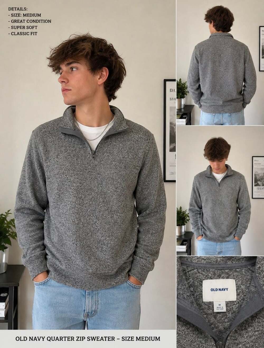 OLD NAVY Quarter-Zip Fleece Pullover Sweater Gray Medium